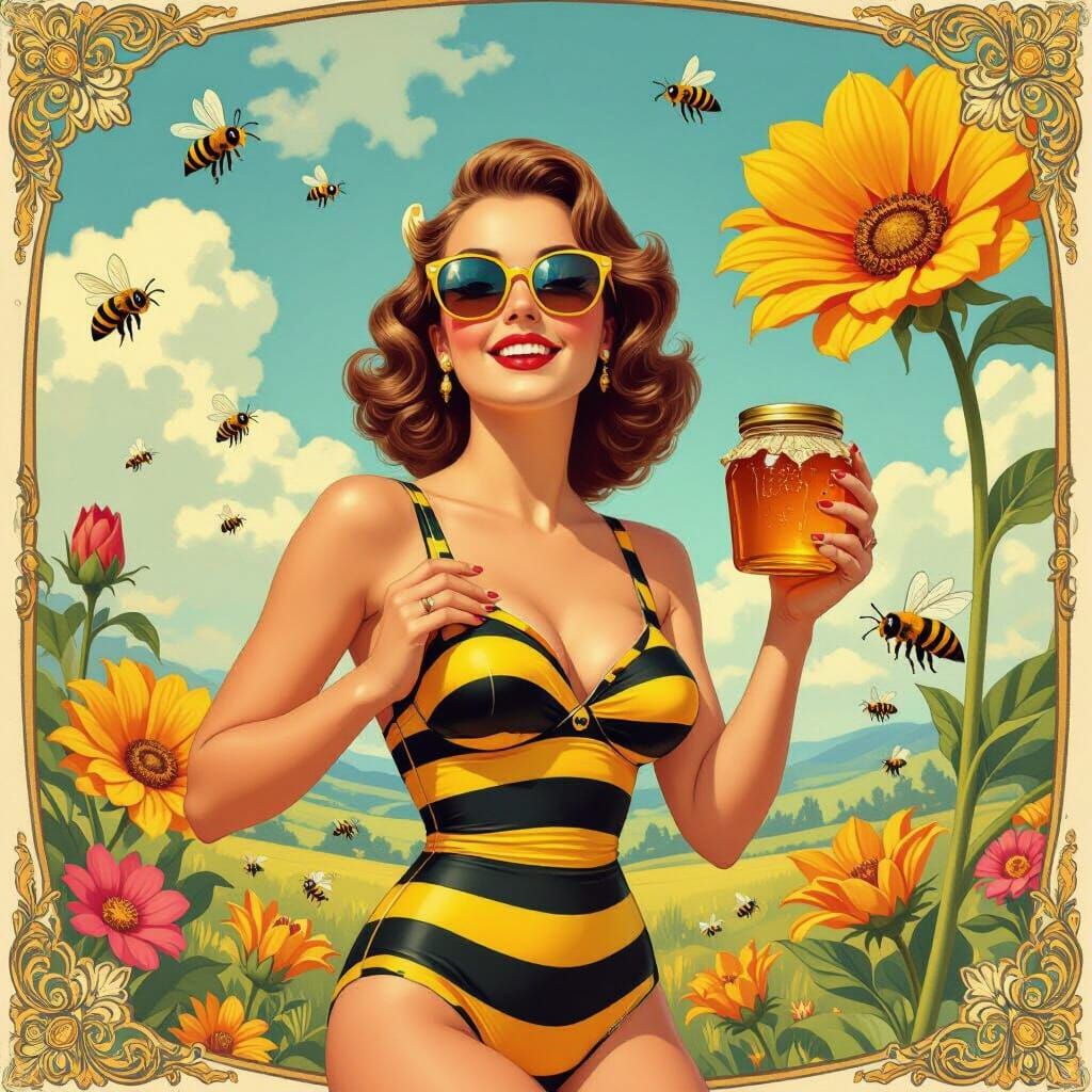 Bee Woman in Retro Swimsuit with Honey, Art Nouveau Style