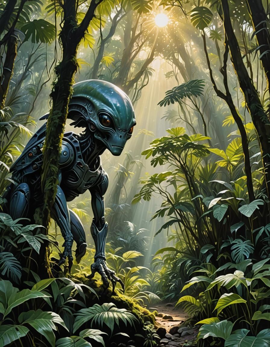Alien Observer in Vibrant Jungle, in Epic Gouache Style