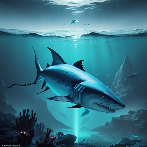 Gigantic Fish Eats Shark in Deep Ocean Fantasy Art