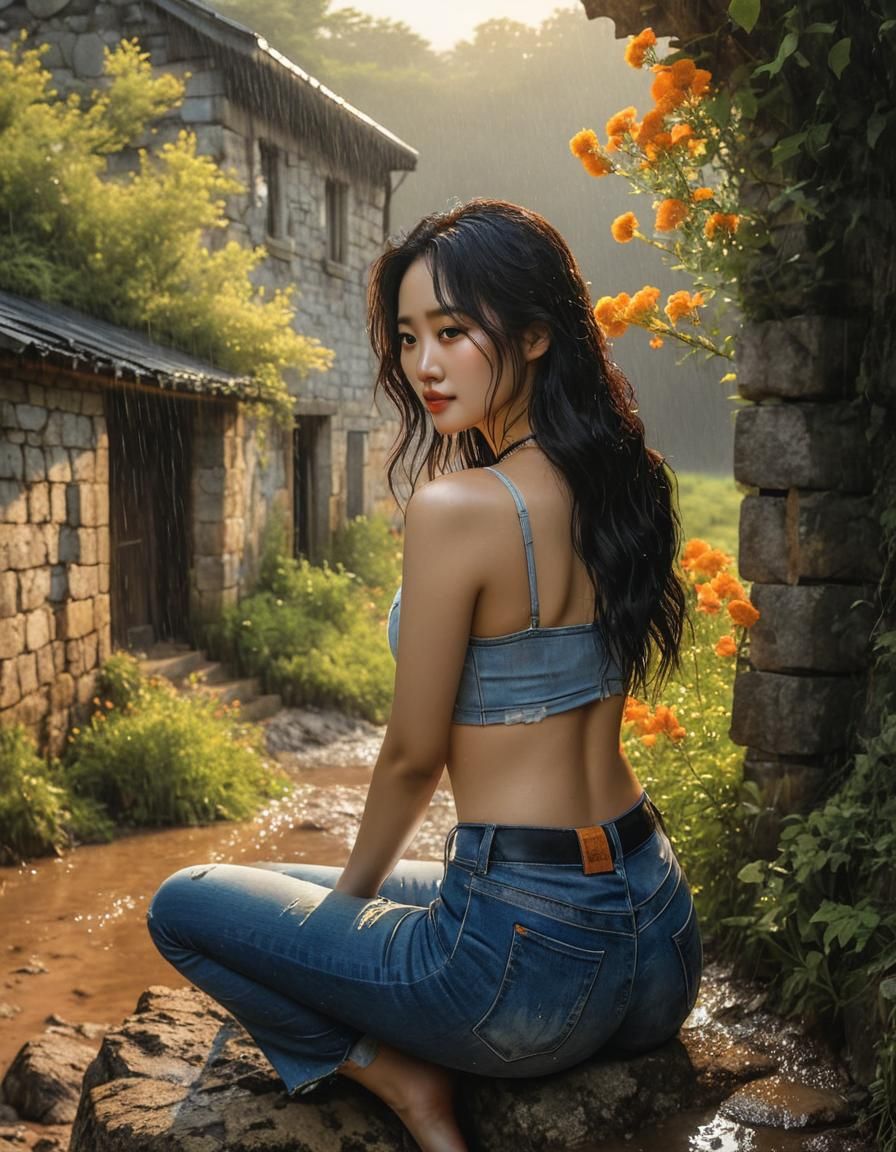 Korean Woman in Rainy Watercolor Setting