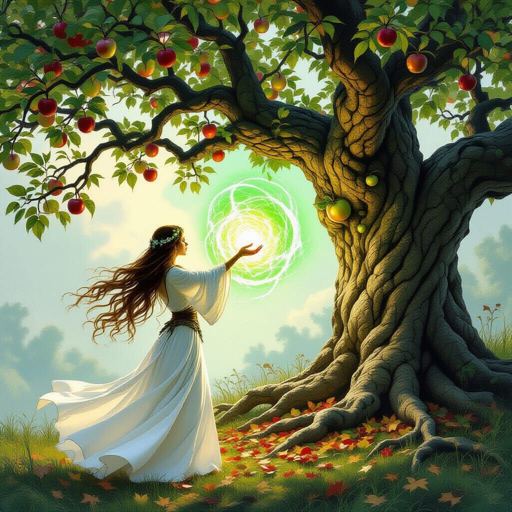 Druid Conjures Energy by Glowing Apple Tree