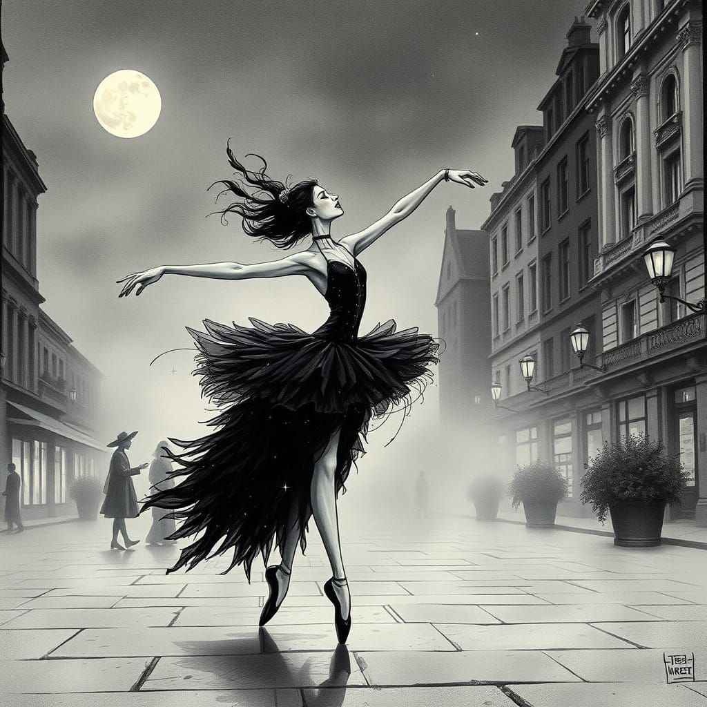 Ballerina in Art Nouveau Ink Drawing