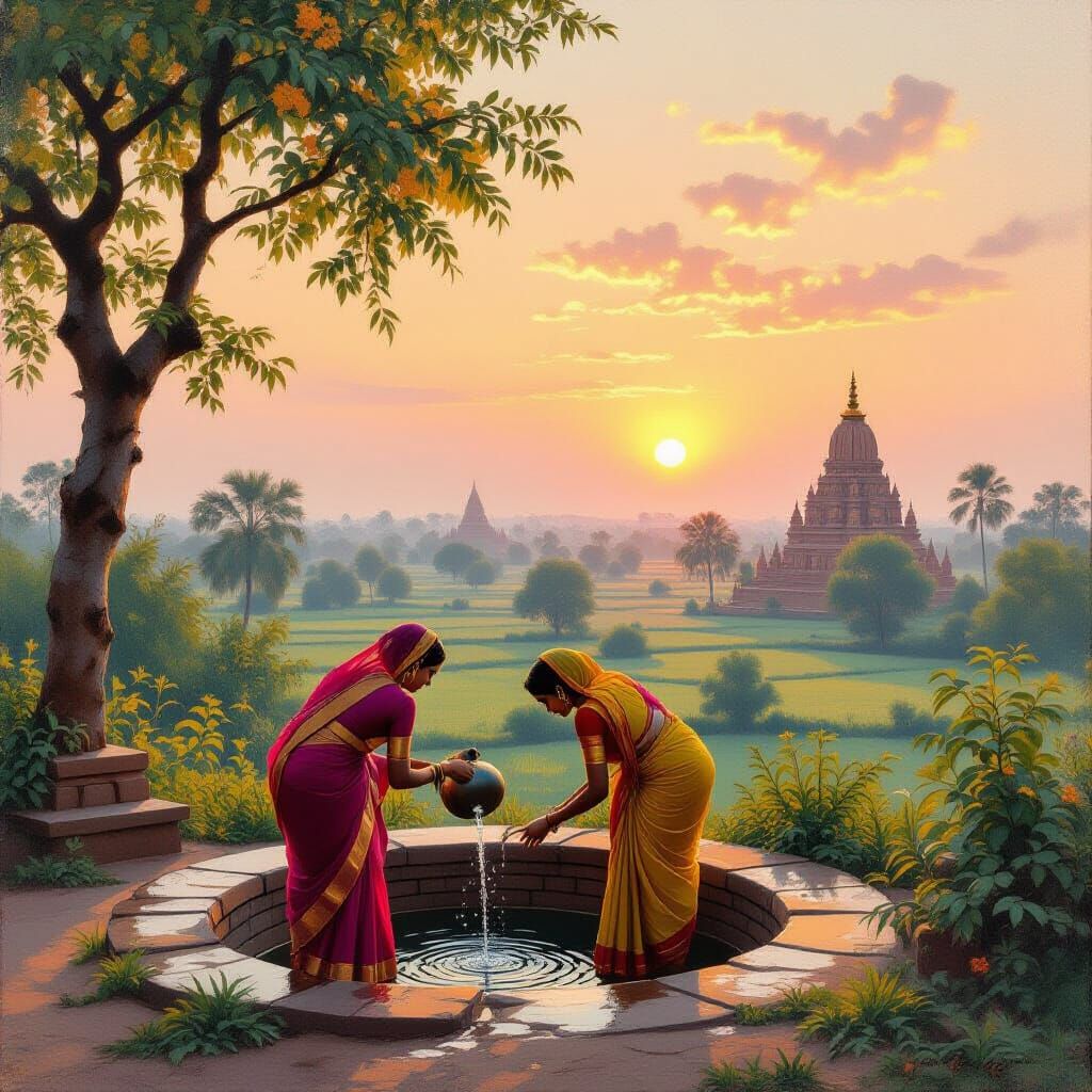 Indian Women at Dawn: Impressionistic Digital Painting