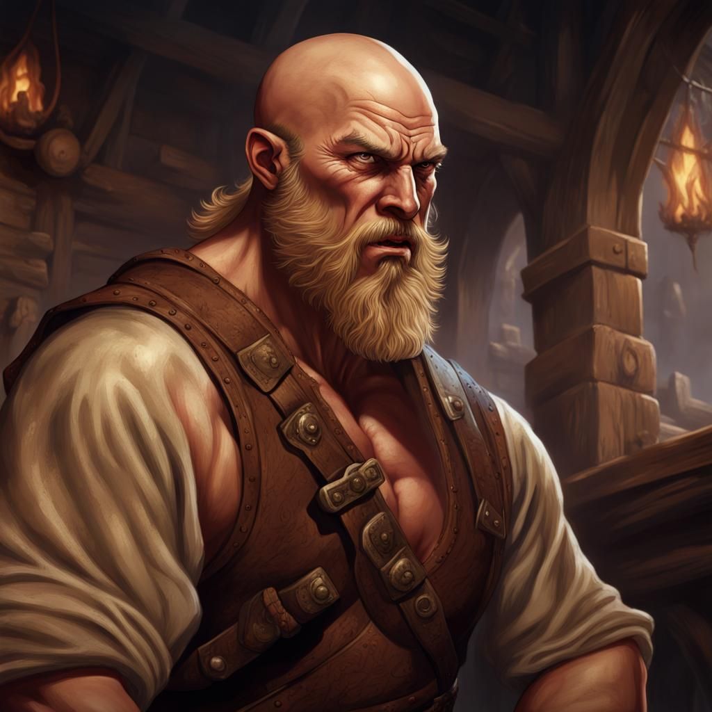 Furious Bald Barbarian in Tavern: Fantasy Concept Art