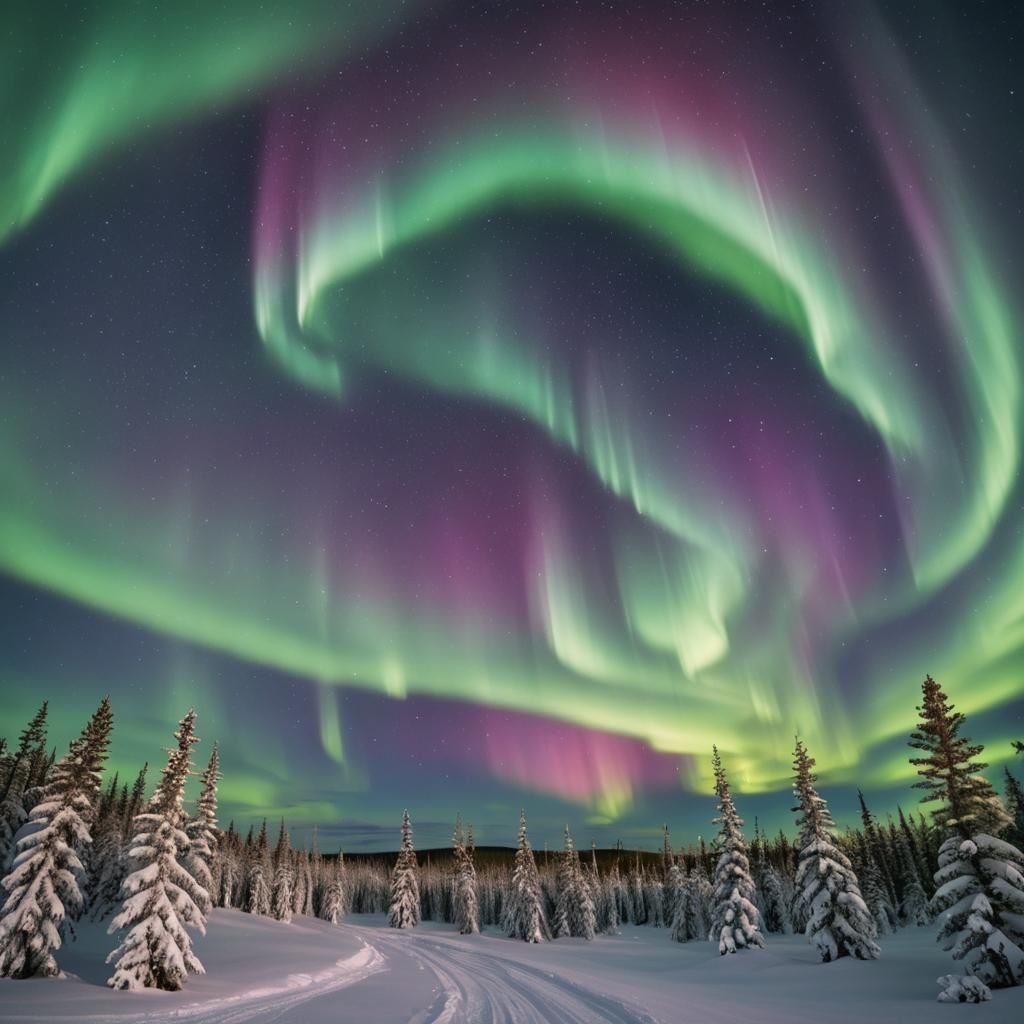 Northern Lights Dance Over Snowy Landscape
