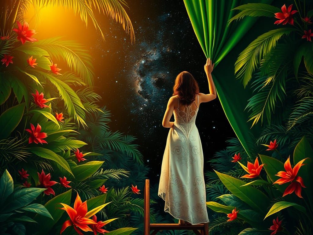 Surreal Tropical Jungle Scene with Cosmic Backdrop in Vibran...