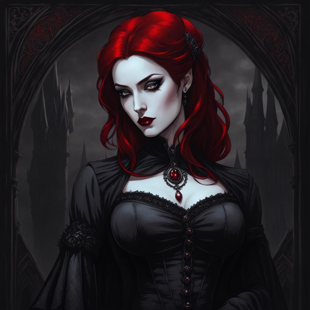Redhead Vampire Portrait in Gothic Dark Fantasy Style