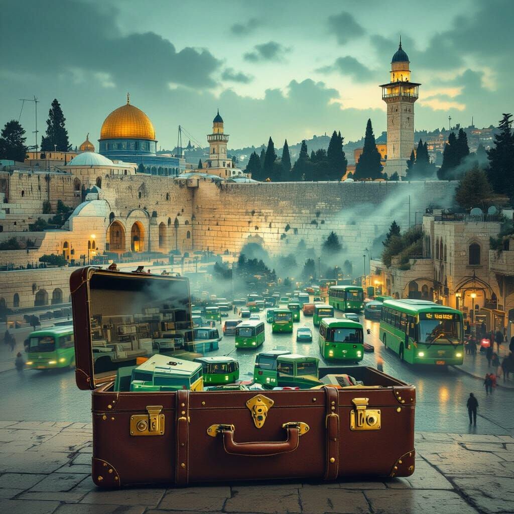 Jerusalem Emerges from Vintage Suitcase: Double Exposure