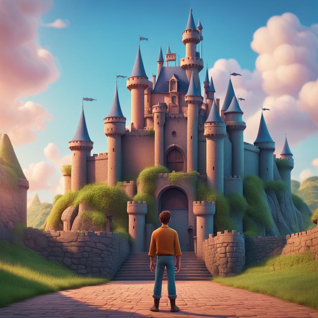 Man Behind Castle in 3D Digital Art Style