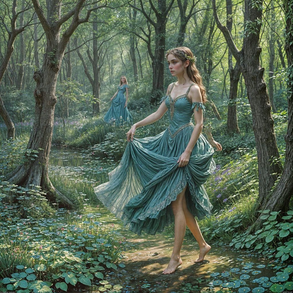 Elven Princess Dancing in Enchanting Woods as Oil Painting