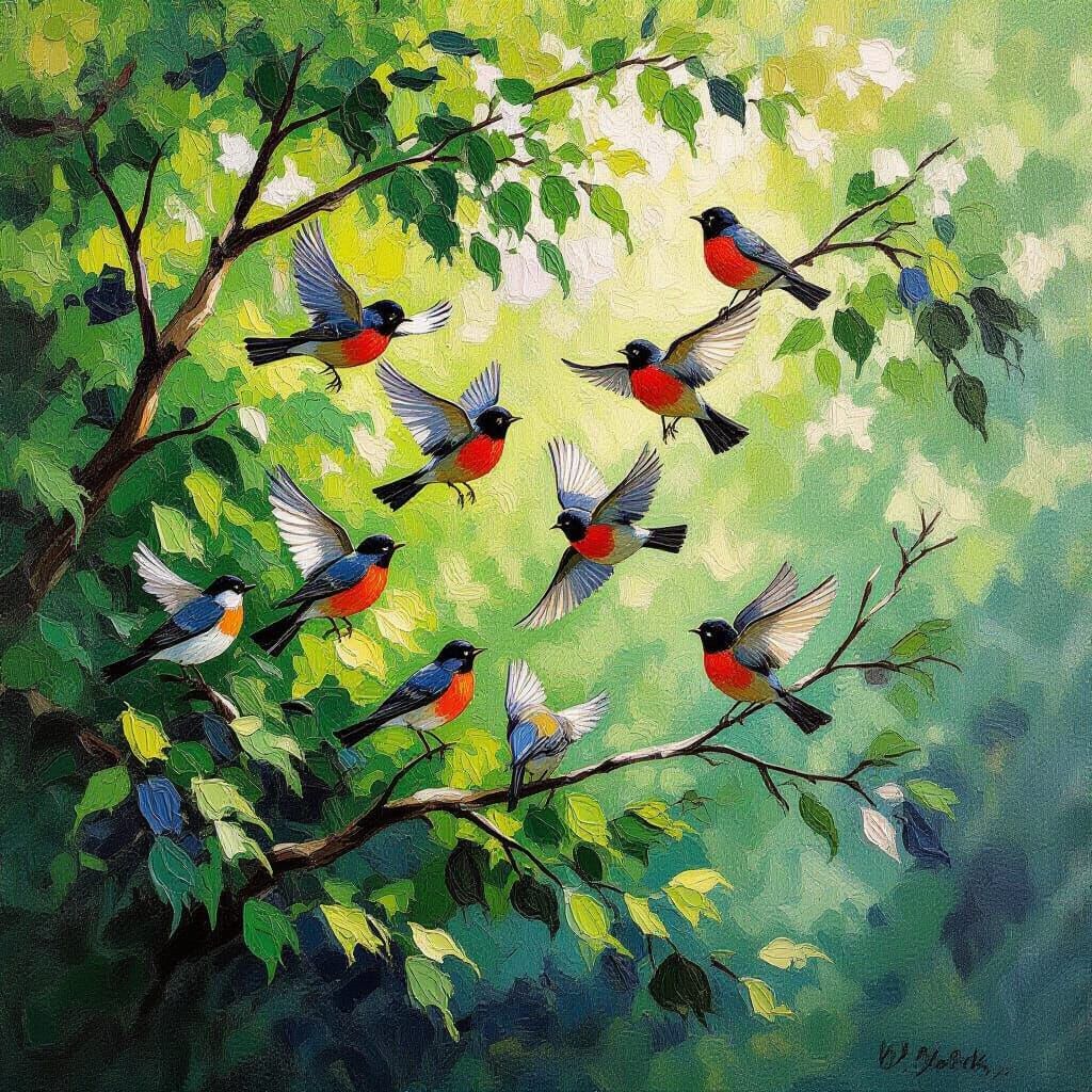 Robins in Flight: Vibrant Impasto Impressionist Painting