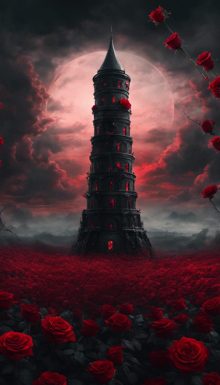 Tower in Red Rose Field: Dark Fantasy Horror