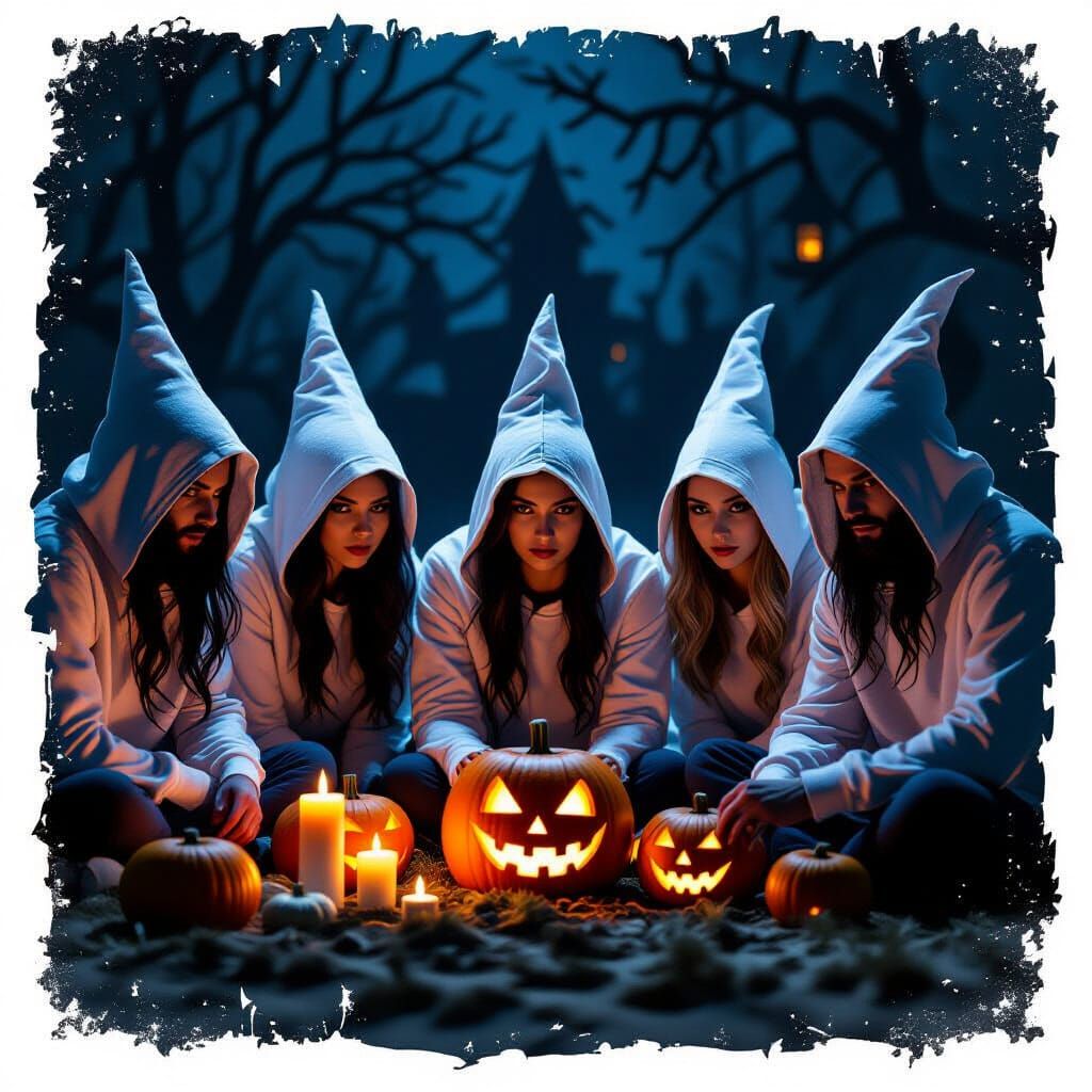 Eerie Halloween Scene with Figures in White Hoods
