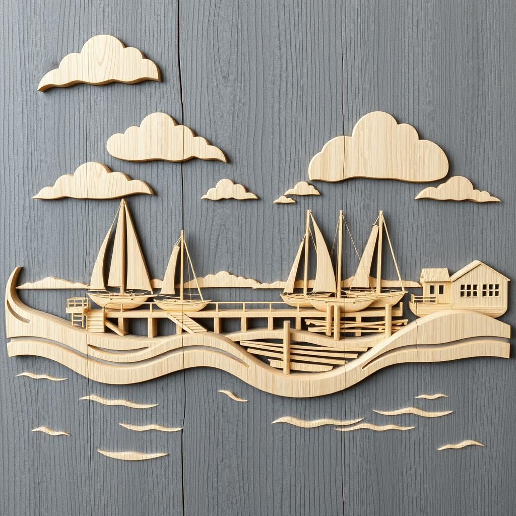Detailed Wood Carving of a Busy Harbor