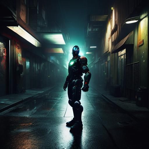 Robot in City Alleyway: Comic Book Art