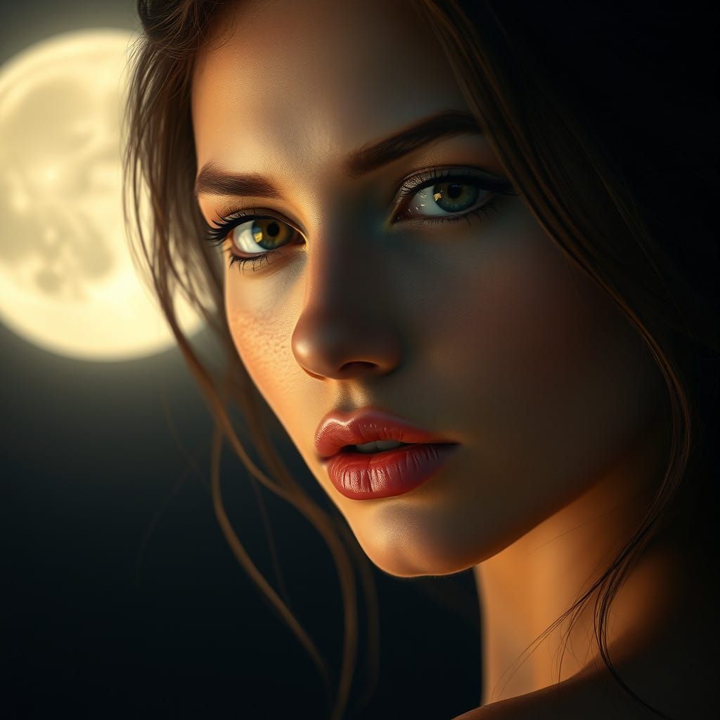 Ethereal Woman in Lunar Glow with Expressive Eyes and Subtle...