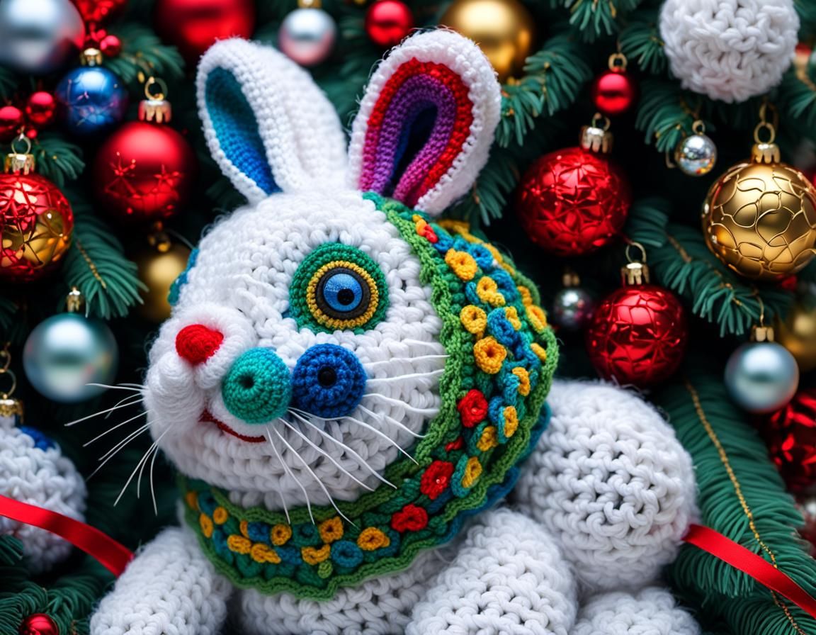 Klimt-Inspired Crochet Bunny in Christmas Rainforest