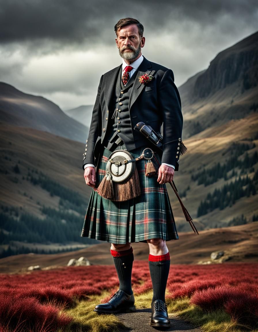 A Scottish man wearing kilt and whole traditional outfit made of red plaid material