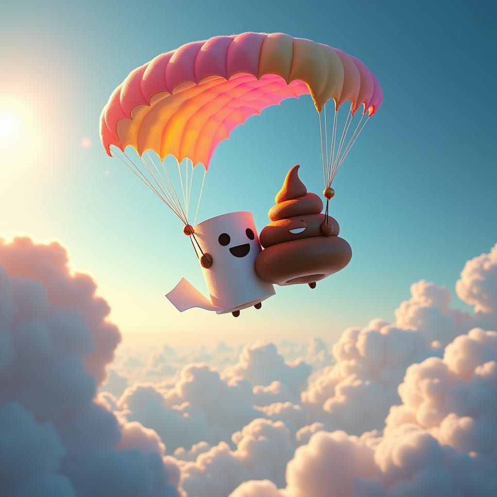 Whimsical Toilet Paper Roll and Poo Emoji Skydiving