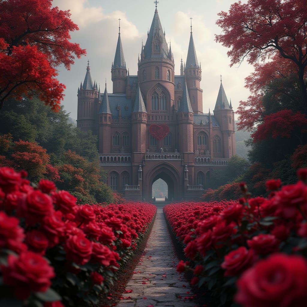 Majestic Castle with Red Roses and Heart-Shaped Towers in Ri...