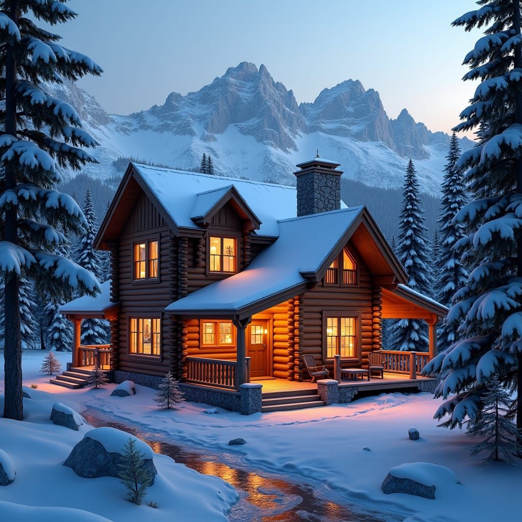 Majestic Log Cabin in Rocky Mountains: Fantasy Concept Art