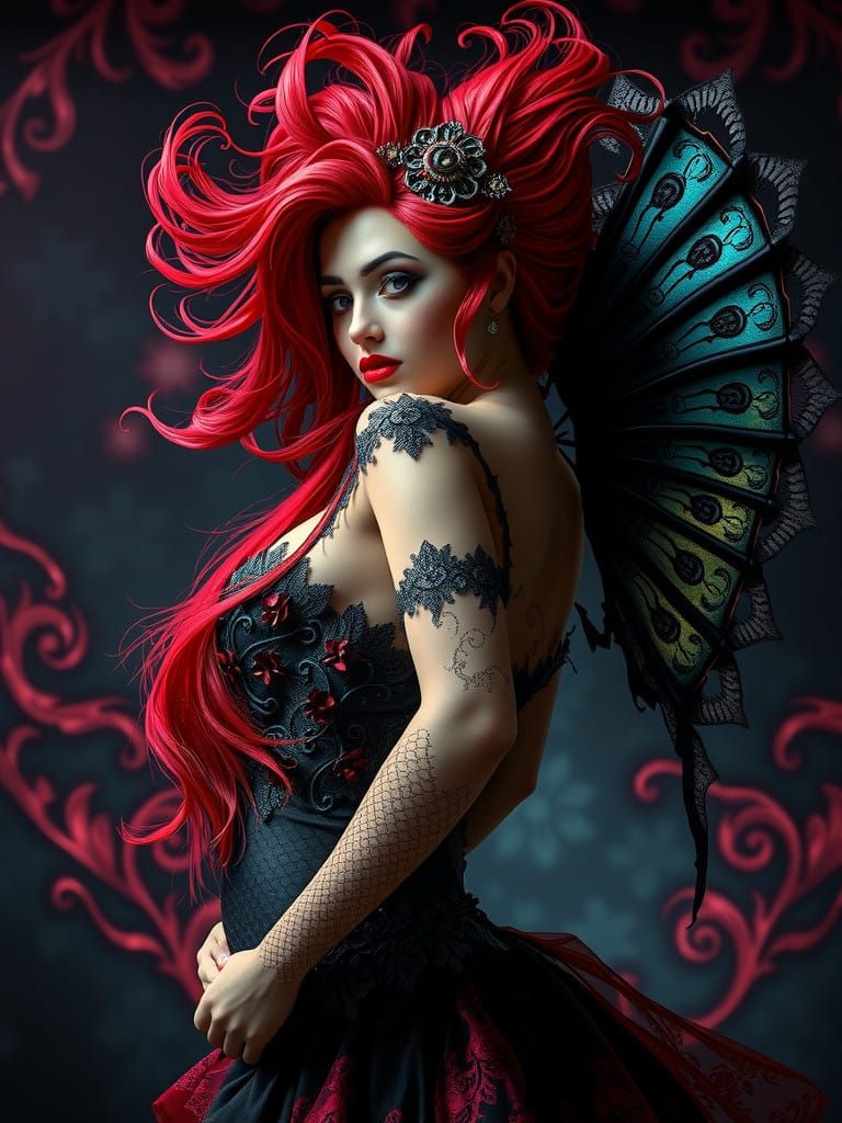 Gothic Fairy with Dramatic Attire in Whirling Spirograph Pat...