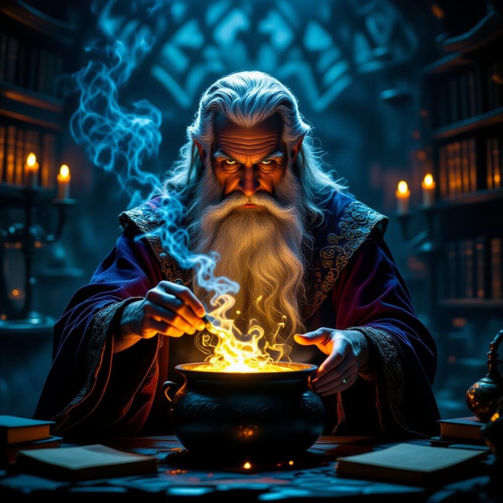 Hyperdetailed Magician Crafting Glowing Potion in Arcane Cha...