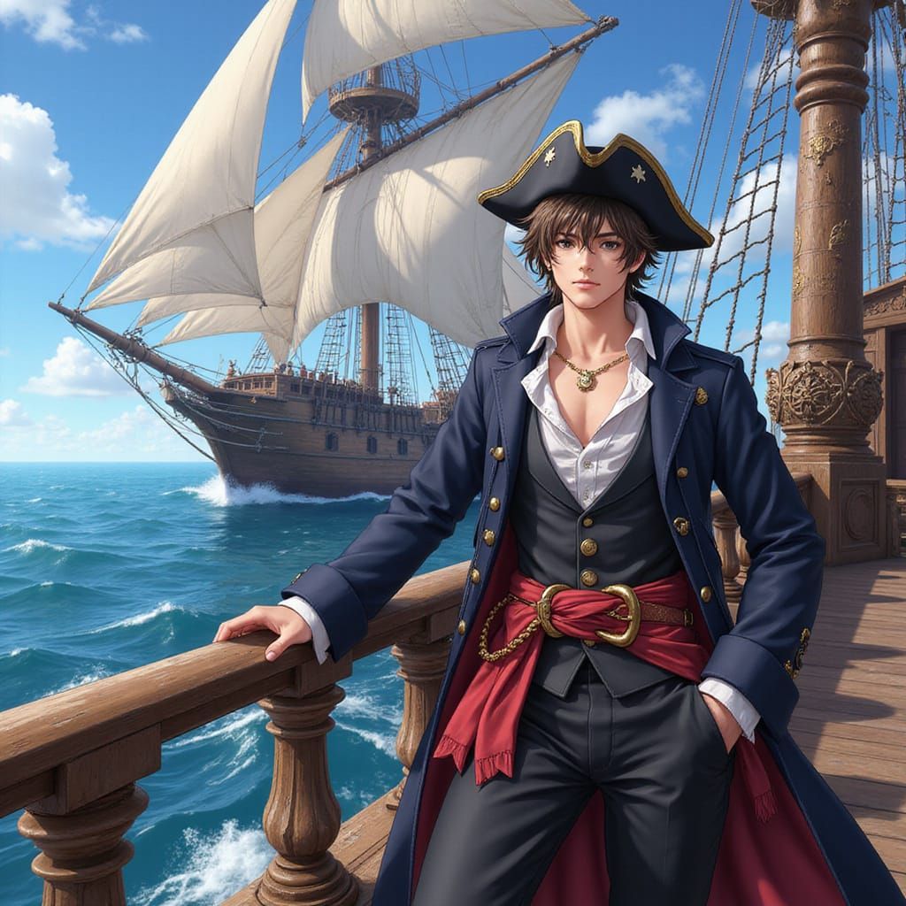 Elegant Bishonen Pirate on a Majestic Ship: Anime Style