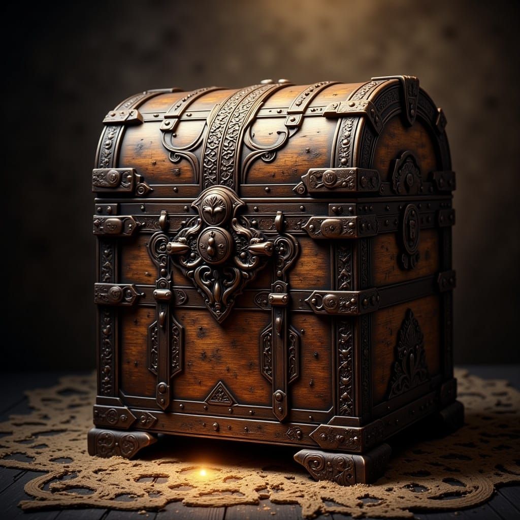 Surreal Wooden Chest in a Forgotten, Golden-Lit Atmosphere
