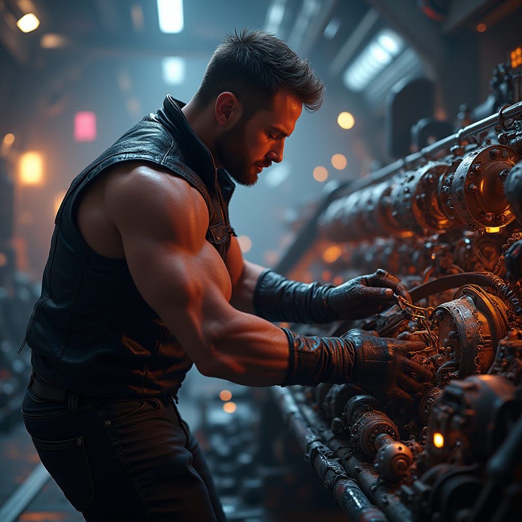 Muscular Mechanic Works on Starship Engines in Fantasy Matte...