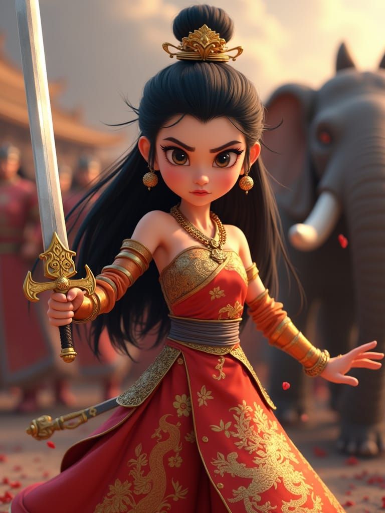 Elegant Warrior Princess in Traditional Satin Attire