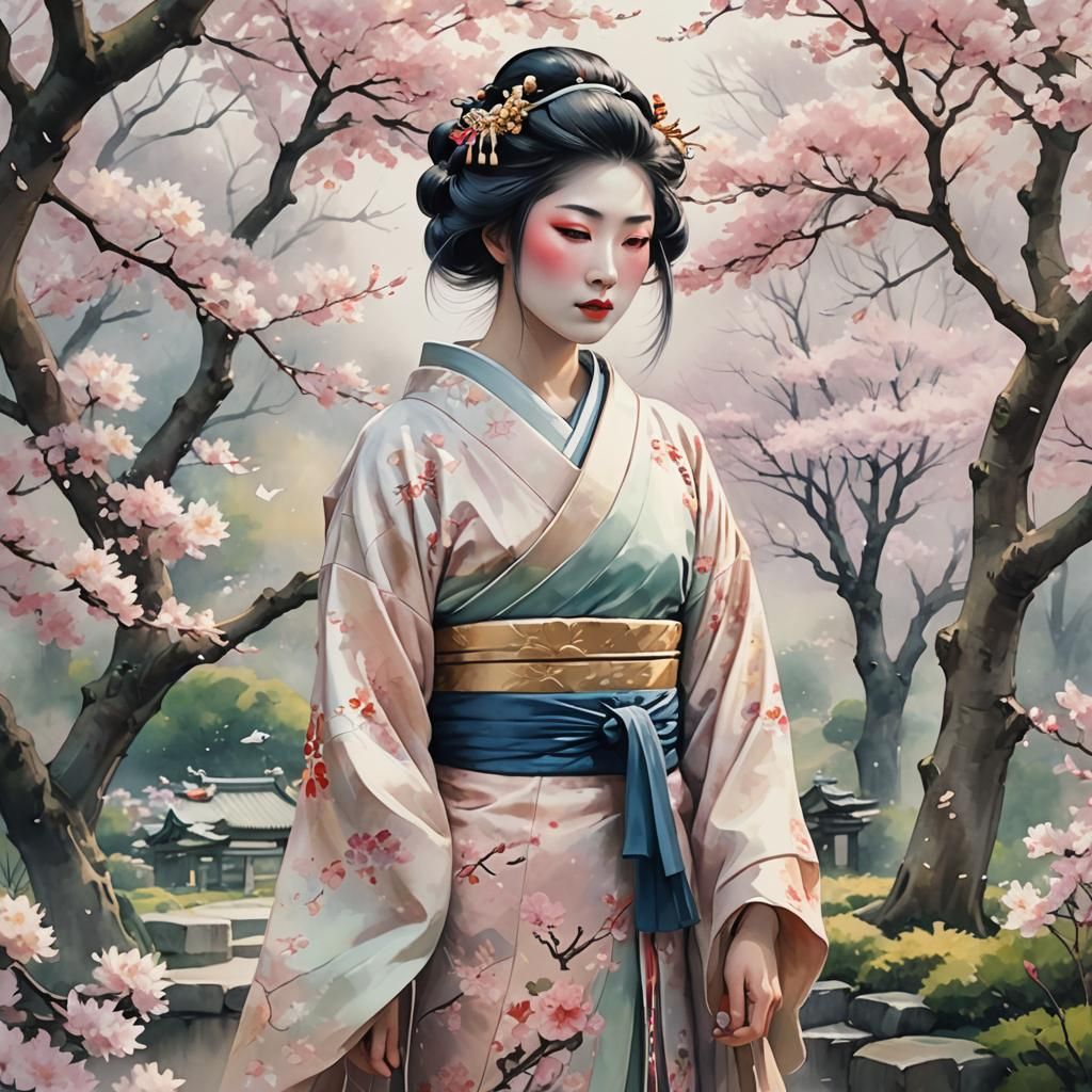 Geisha in Misty Garden: Digital Watercolor Anime