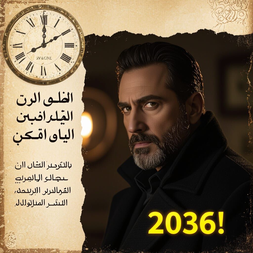 Dramatic Portrait with Arabic Text in Film Aesthetic