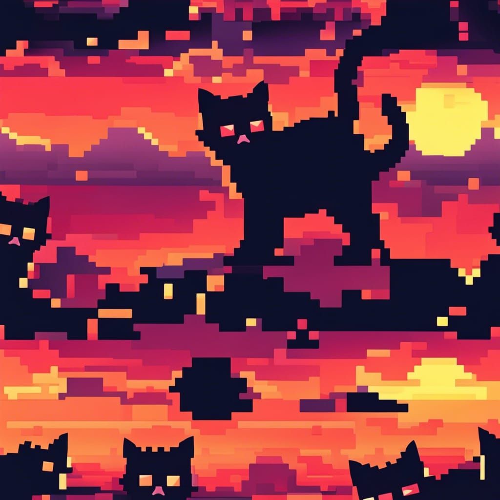 Pixelated Sunset with Kittens: Abstract Digital Art