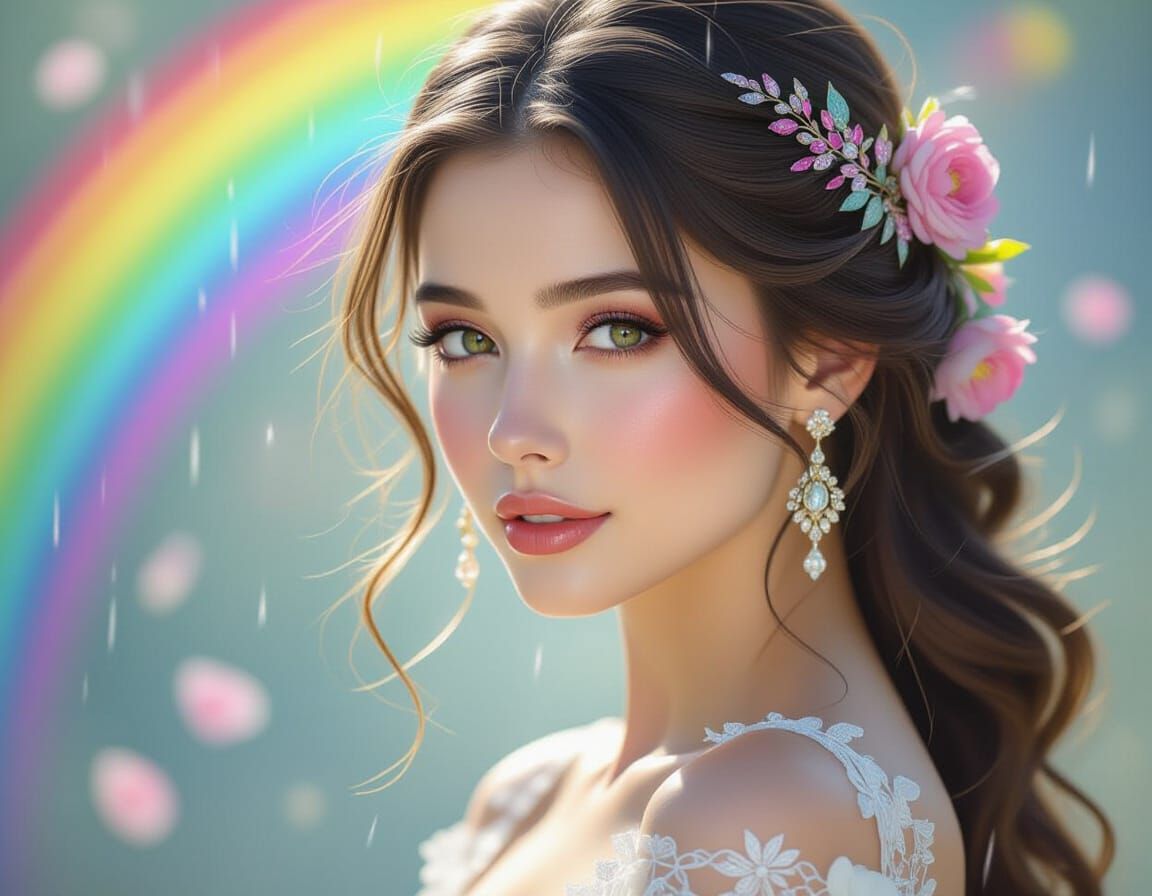 Ethereal Woman Surrounded by Rainbow Sensation