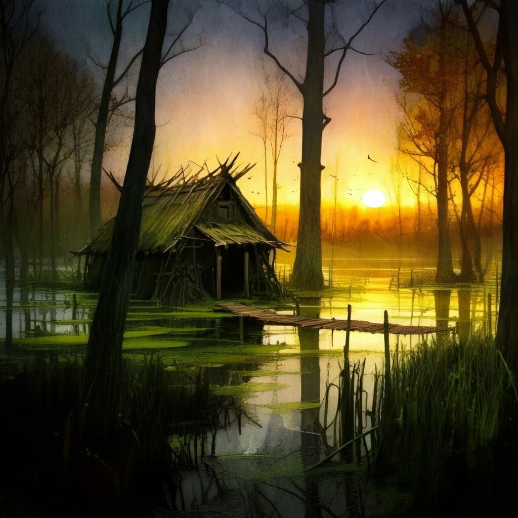 Swamp Hut: Realistic Chiaroscuro in Watercolor Style