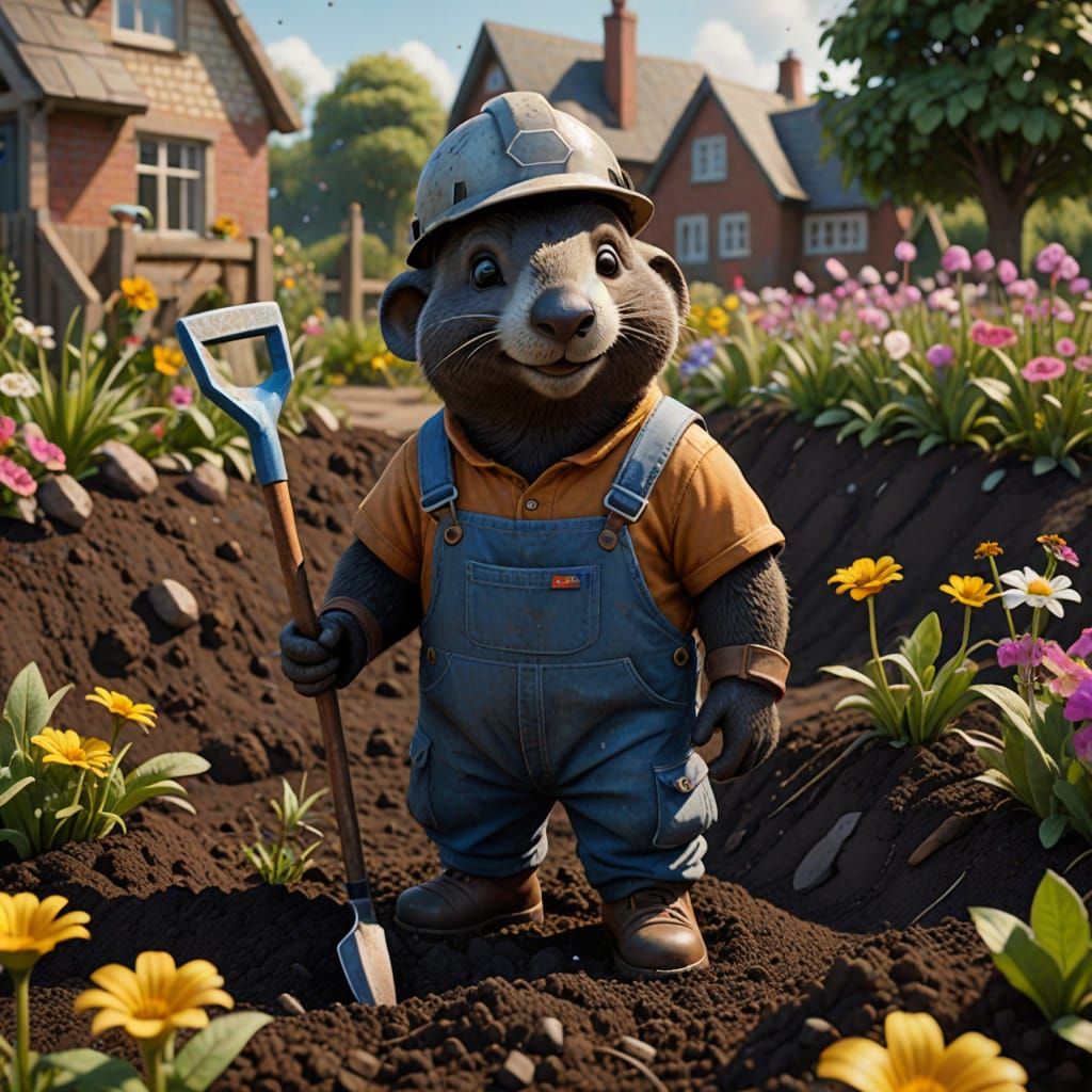 Cute Mole Digs Flower Bed in Detailed Matte Painting