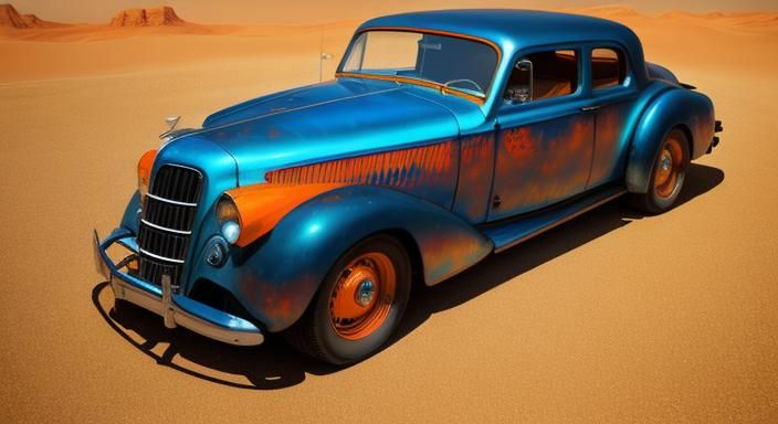 Jesus Christ Builds Hot Rod Car in Desert, Surreal Oil Paint...