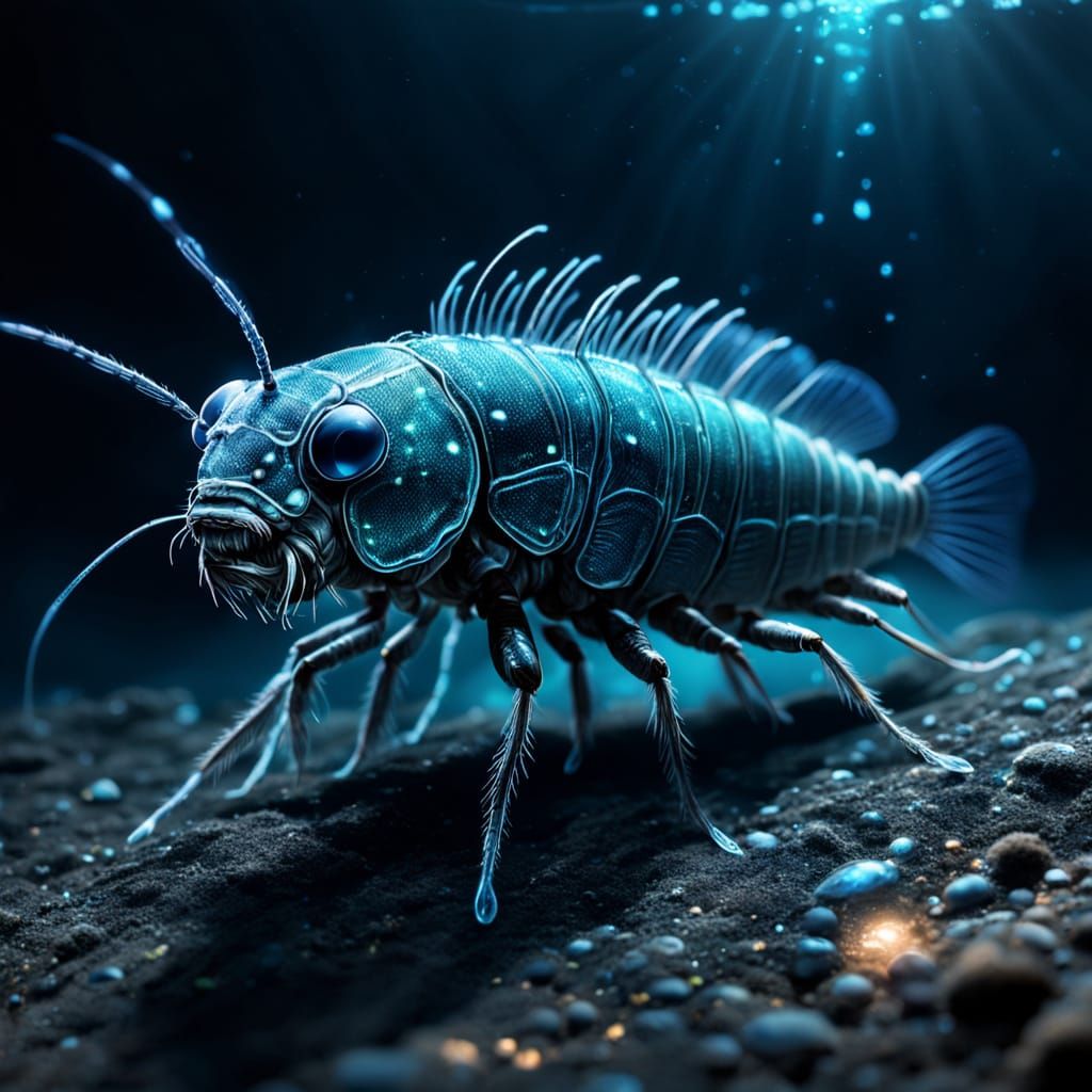 Bioluminescent Silverfish Concept Art in Dark Water