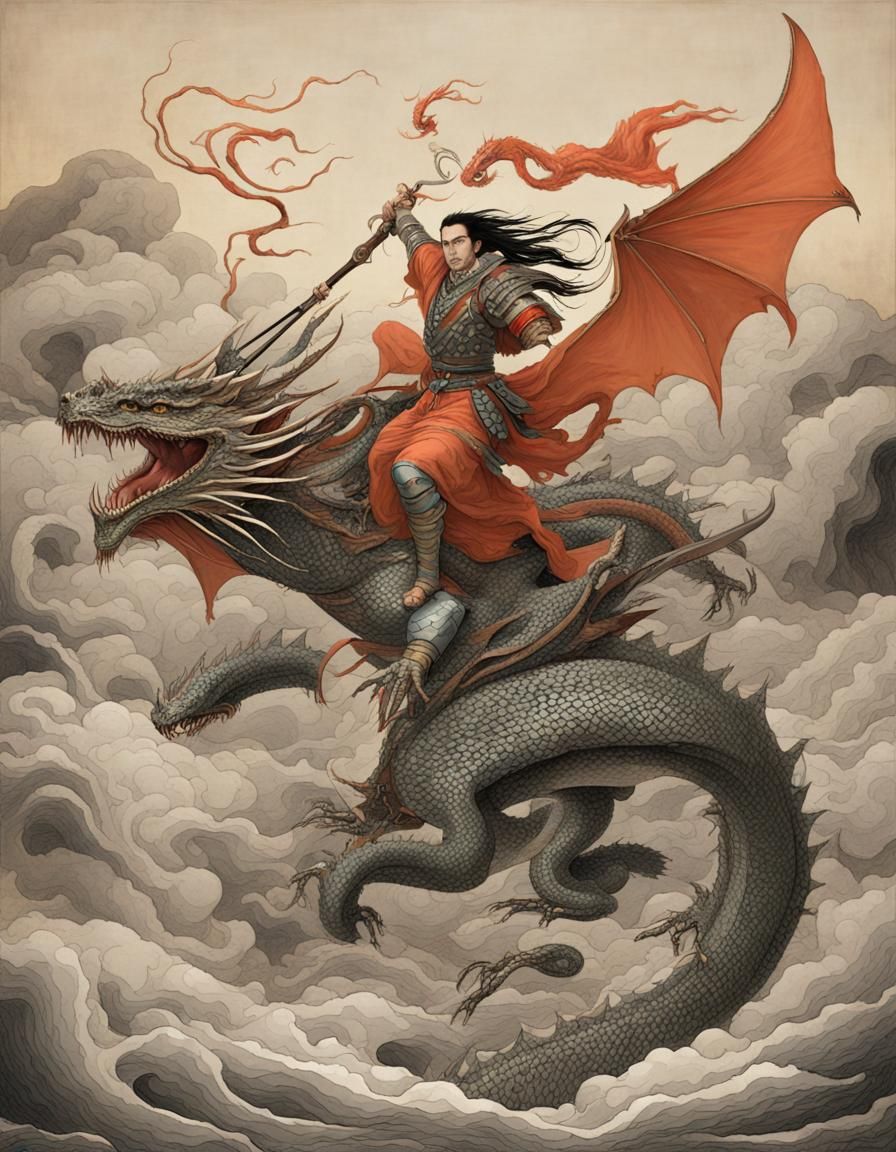 "A warrior riding a dragon"