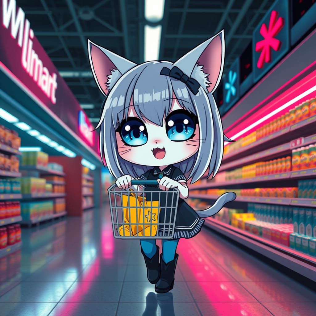 Anime Catgirl Shopping in a Neon Retrowave Walmart