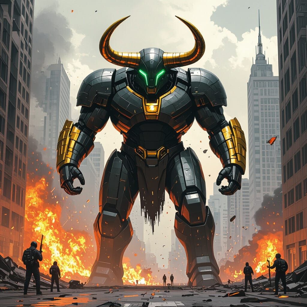 Futuristic Minotaur in Burning City, Digital Art