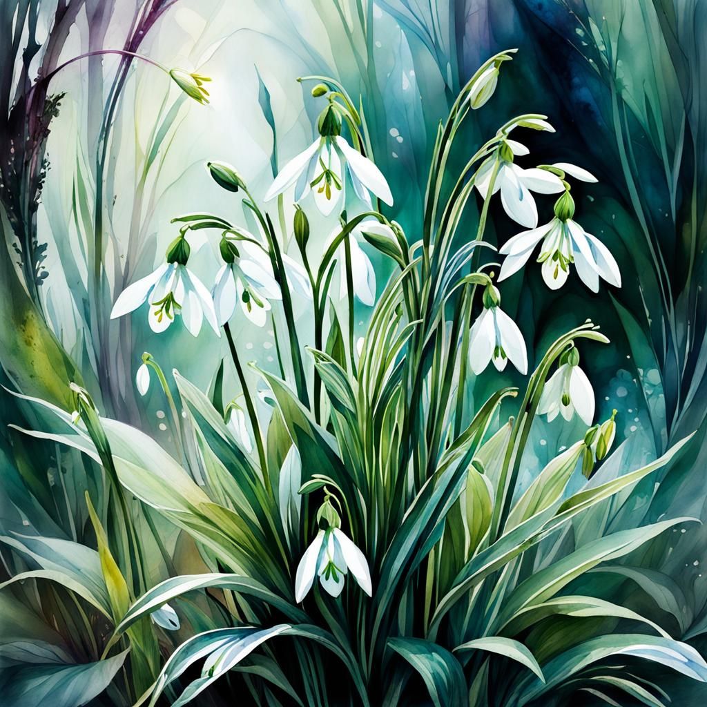 Fantasy Watercolor Snowdrops Double Exposure