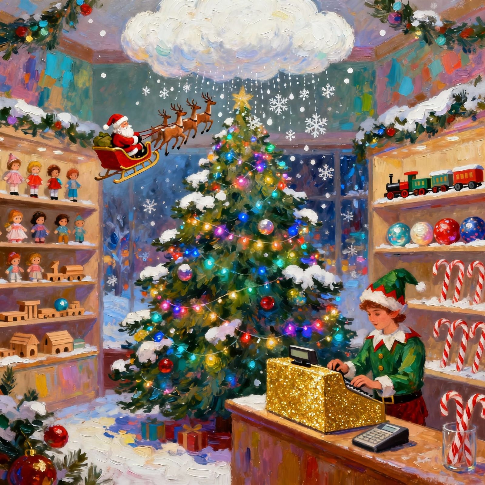 Magical Christmas Shop with Flying Santa and Snowy Tree