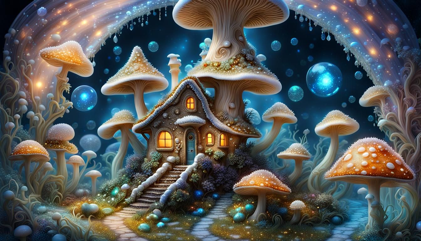 Bioluminescent Mushroom Home with Diamonds, Macro Photograph...