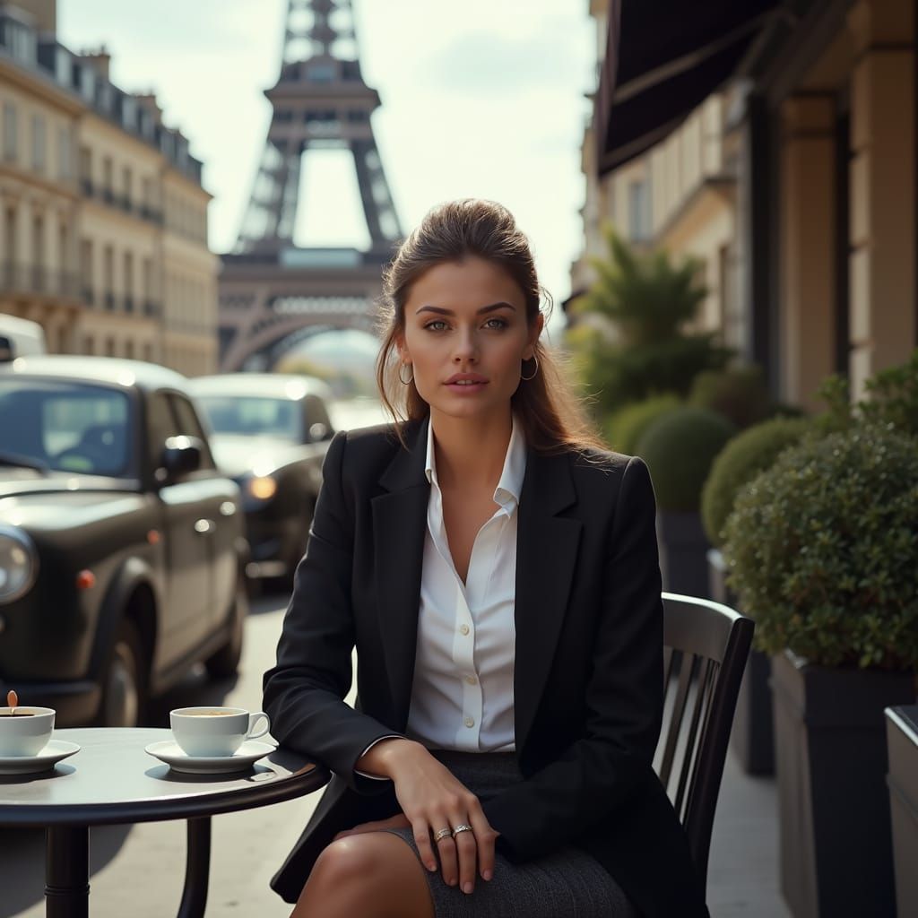 Parisian Cafe Woman in Blazer - Hyperrealistic Photo