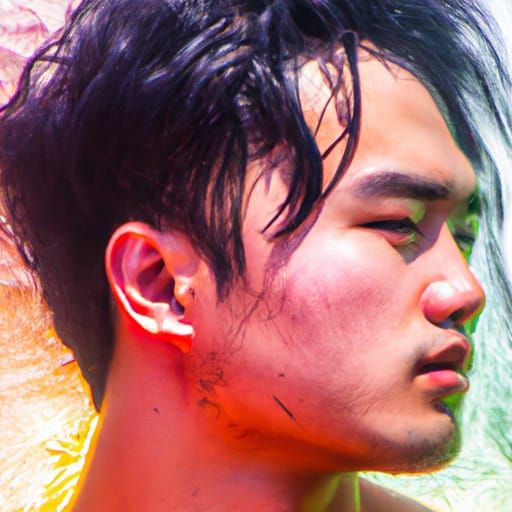 Handsome Asian Man at Beach: Hyperrealistic Splash Art