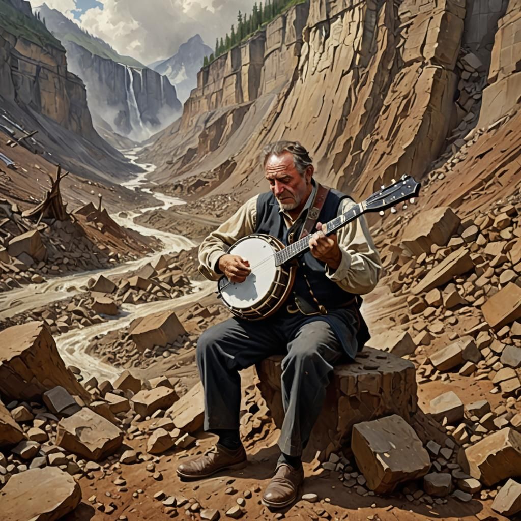 Banjo Player Performing Before Landslide