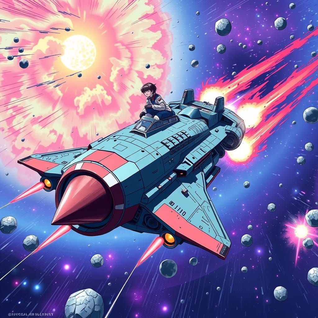Star Blazers Spaceship Soaring Through Space in Anime Style