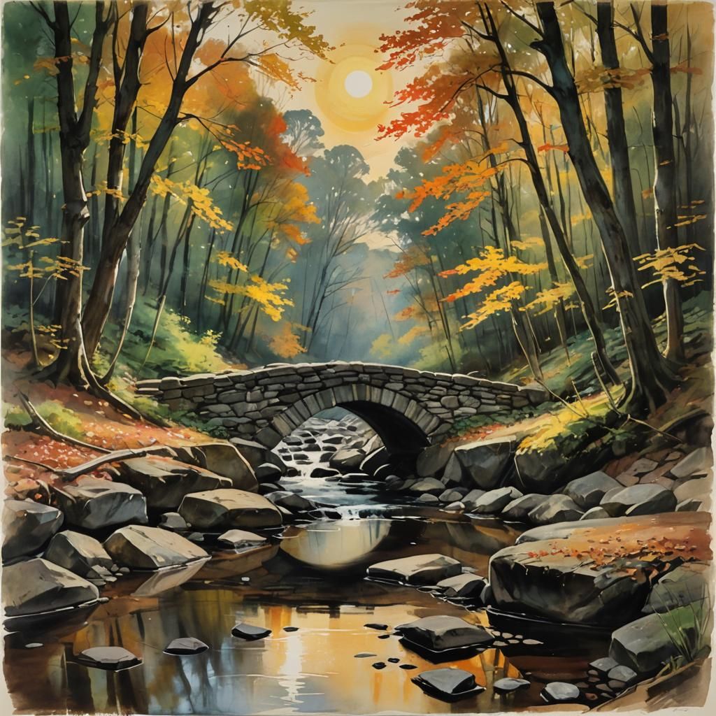 Stone Bridge Sunrise: Watercolor and Ink Landscape